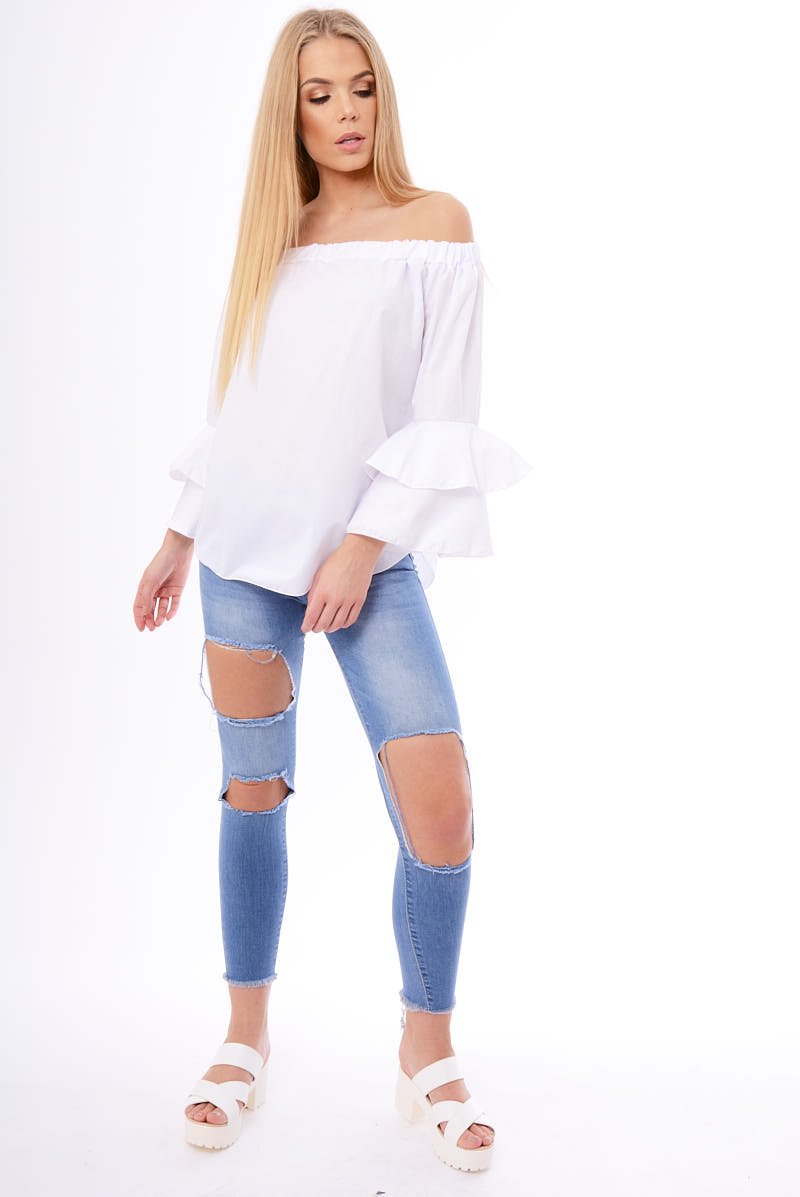 White Bardot Frill Sleeve Top - Ruth-Tops