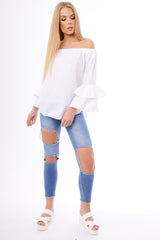 White Bardot Frill Sleeve Top - Ruth-Tops