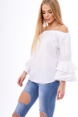 White Bardot Frill Sleeve Top - Ruth-Tops