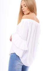 White Bardot Frill Sleeve Top - Ruth-Tops