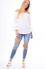 White Bardot Frill Sleeve Top - Ruth-Tops