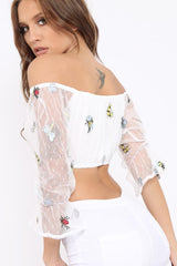 White Bardot Insect Applique Mesh Crop Top - Tayah-Crop Tops