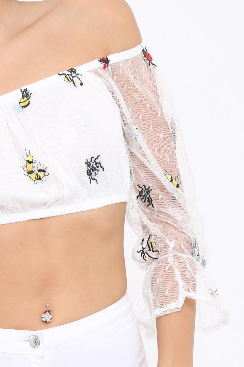 White Bardot Insect Applique Mesh Crop Top - Tayah-Crop Tops