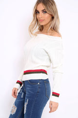 White Bardot Jumper with Stripe Detail - Falon-Jumper
