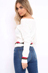 White Bardot Jumper with Stripe Detail - Falon-Jumper