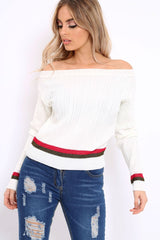 White Bardot Jumper with Stripe Detail - Falon-Jumper