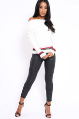 White Bardot Jumper with Stripe and Corset Tie Detail - Sandie-Jumper