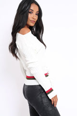 White Bardot Jumper with Stripe and Corset Tie Detail - Sandie-Jumper