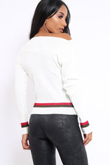 White Bardot Jumper with Stripe and Corset Tie Detail - Sandie-Jumper