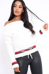White Bardot Jumper with Stripe and Corset Tie Detail - Sandie-Jumper