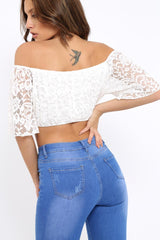 White Bardot Mesh Crop Top - Mally-Crop Tops