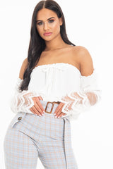 White Bardot Mesh Lace Sleeve Tie Front Top - Mandy-Tops