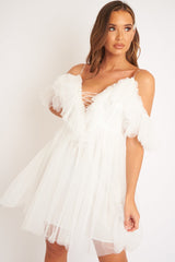 White Bardot Off Shoulder Tulle Ruffle Dress - Aarilyn-Dresses