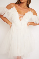 White Bardot Off Shoulder Tulle Ruffle Dress - Aarilyn-Dresses
