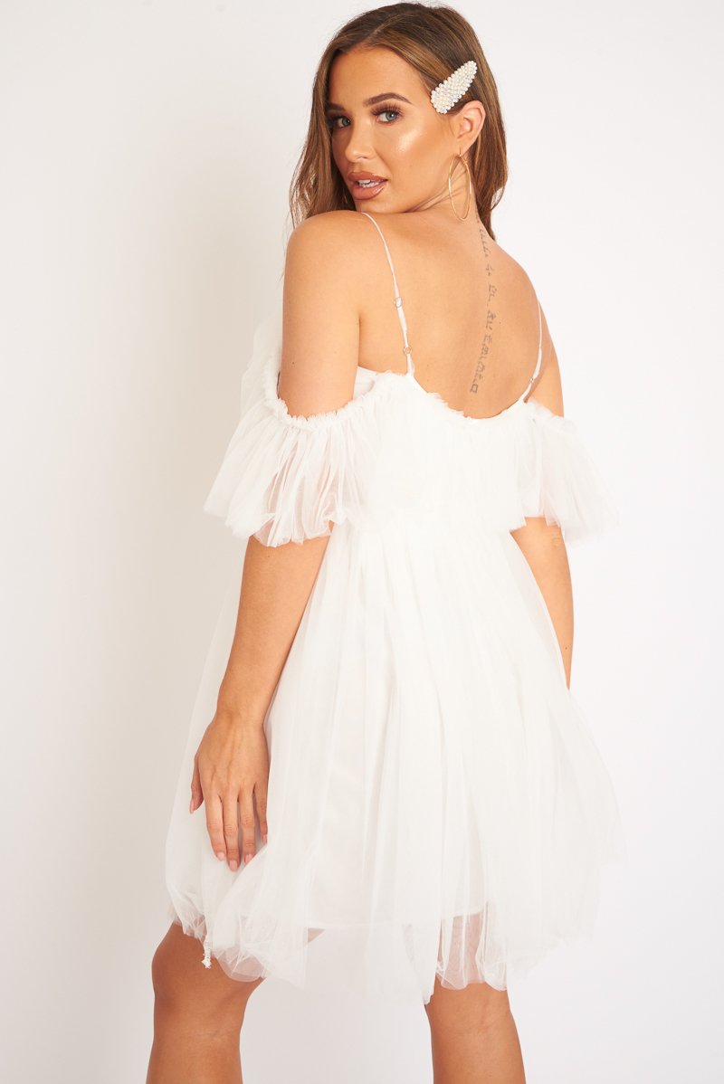 White Bardot Off Shoulder Tulle Ruffle Dress - Aarilyn-Dresses