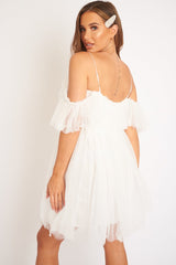 White Bardot Off Shoulder Tulle Ruffle Dress - Aarilyn-Dresses