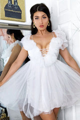 White Bardot Off Shoulder Tulle Ruffle Dress - Aarilyn-Dresses