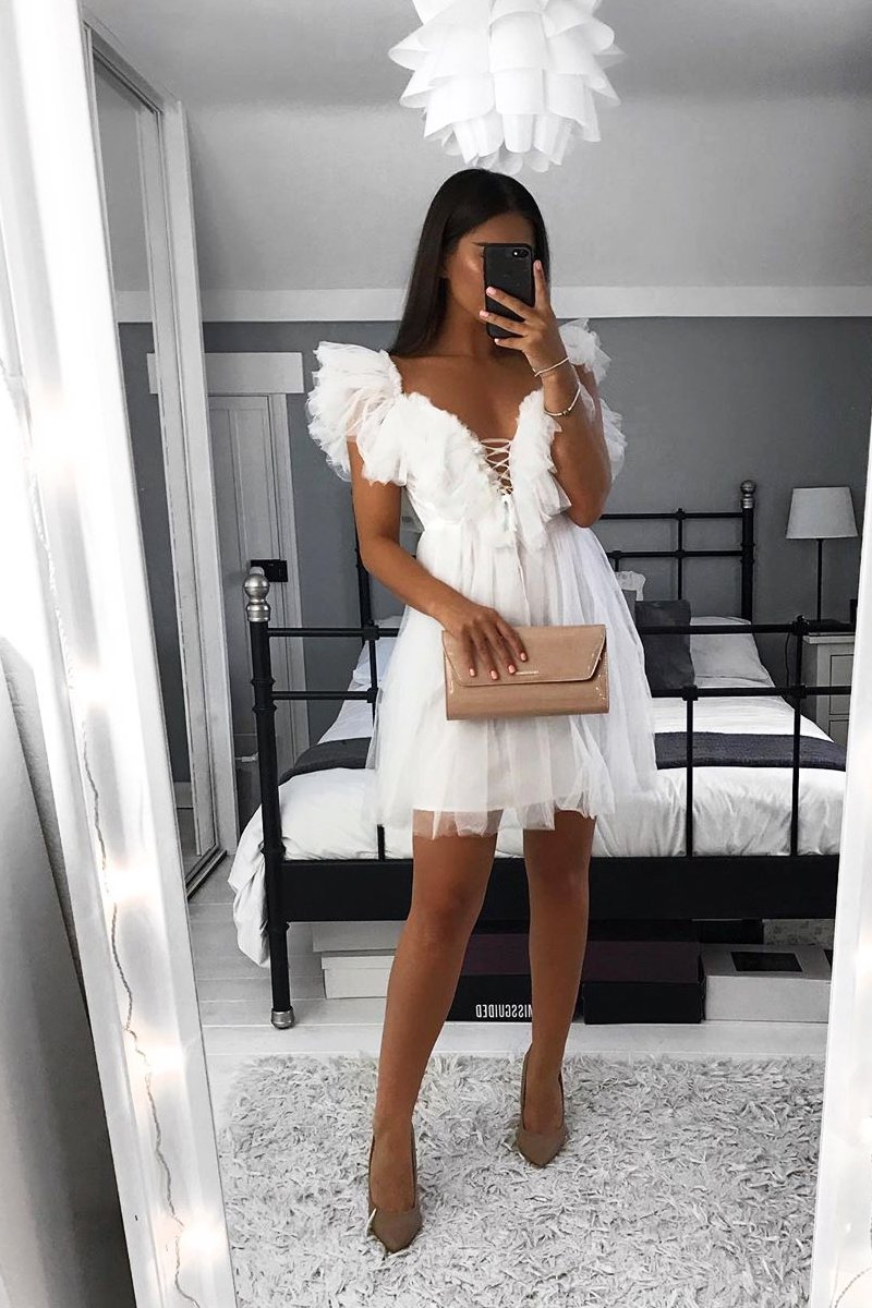 White Bardot Off Shoulder Tulle Ruffle Dress - Aarilyn-Dresses