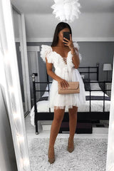 White Bardot Off Shoulder Tulle Ruffle Dress - Aarilyn-Dresses