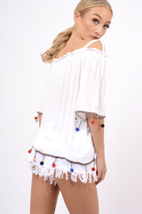 White Bardot Pom Pom Top - Seren-Tops