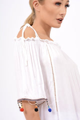 White Bardot Pom Pom Top - Seren-Tops