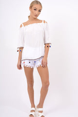 White Bardot Pom Pom Top - Seren-Tops