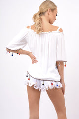 White Bardot Pom Pom Top - Seren-Tops
