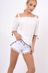 White Bardot Pom Pom Top - Seren-Tops