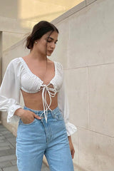 White Bardot Puff Sleeve Tie Crop Top - Kariel-Crop Tops