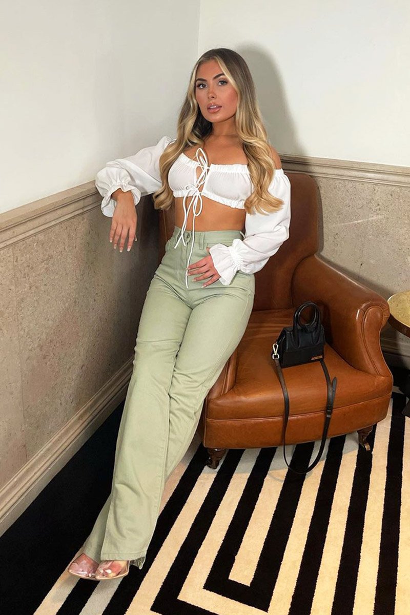 White Bardot Puff Sleeve Tie Crop Top - Kariel-Crop Tops