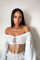 White Bardot Puff Sleeve Tie Crop Top - Kariel-Crop Tops