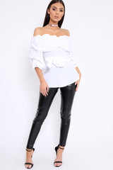 White Bardot Ruched Frill Top with Waist Tie Detailing - Sarina-Tops
