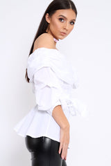 White Bardot Ruched Frill Top with Waist Tie Detailing - Sarina-Tops
