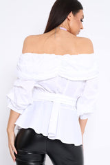 White Bardot Ruched Frill Top with Waist Tie Detailing - Sarina-Tops