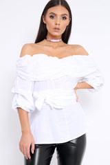 White Bardot Ruched Frill Top with Waist Tie Detailing - Sarina-Tops