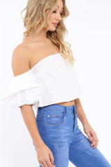 White Bardot Ruched Sleeve Crop Top - Corinne-Crop Tops