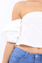 White Bardot Ruched Sleeve Crop Top - Corinne-Crop Tops