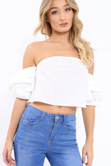 White Bardot Ruched Sleeve Crop Top - Corinne-Crop Tops