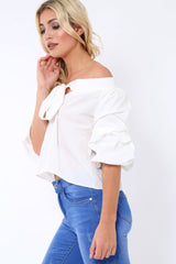 White Bardot Ruched Sleeve Top - Kiera-Tops