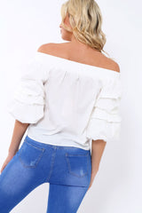White Bardot Ruched Sleeve Top - Kiera-Tops