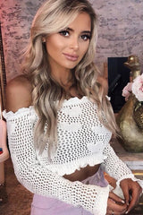 White Bardot Ruffle Hem Crochet Top - Byrdie-Jumper