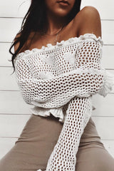 White Bardot Ruffle Hem Crochet Top - Byrdie-Jumper