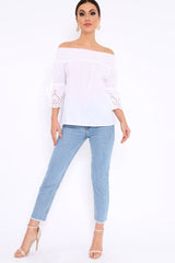 White Bardot Scalloped Sleeve Top - Orah-Tops
