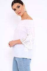 White Bardot Scalloped Sleeve Top - Orah-Tops