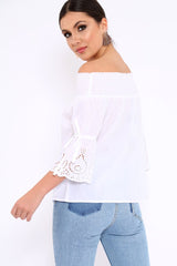 White Bardot Scalloped Sleeve Top - Orah-Tops