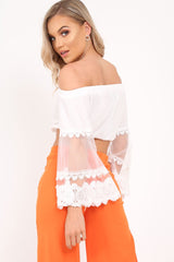 White Bardot Sheer Embroidered Sleeve Crop Top - Ryley-Tops