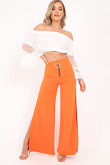 White Bardot Sheer Embroidered Sleeve Crop Top - Ryley-Tops