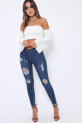 White Bardot Shirred Crop Top with Flared Sleeves - Shera-Crop Tops
