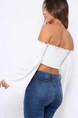 White Bardot Shirred Crop Top with Flared Sleeves - Shera-Crop Tops