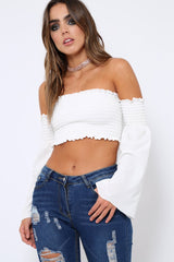 White Bardot Shirred Crop Top with Flared Sleeves - Shera-Crop Tops
